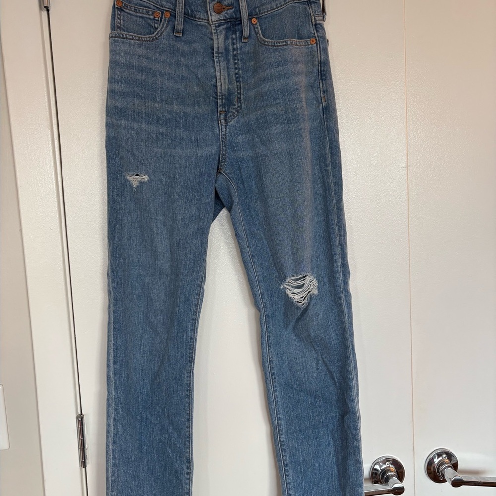 Madewell Blue Straight Leg Jeans with Casual Distressing